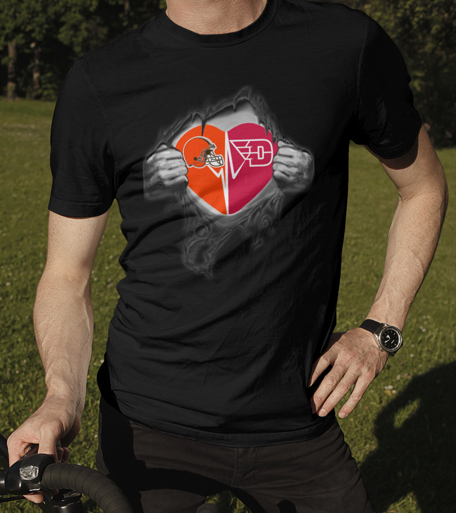Cleveland Browns And Dayton Flyers Heart Emblem Fusion T-Shirt