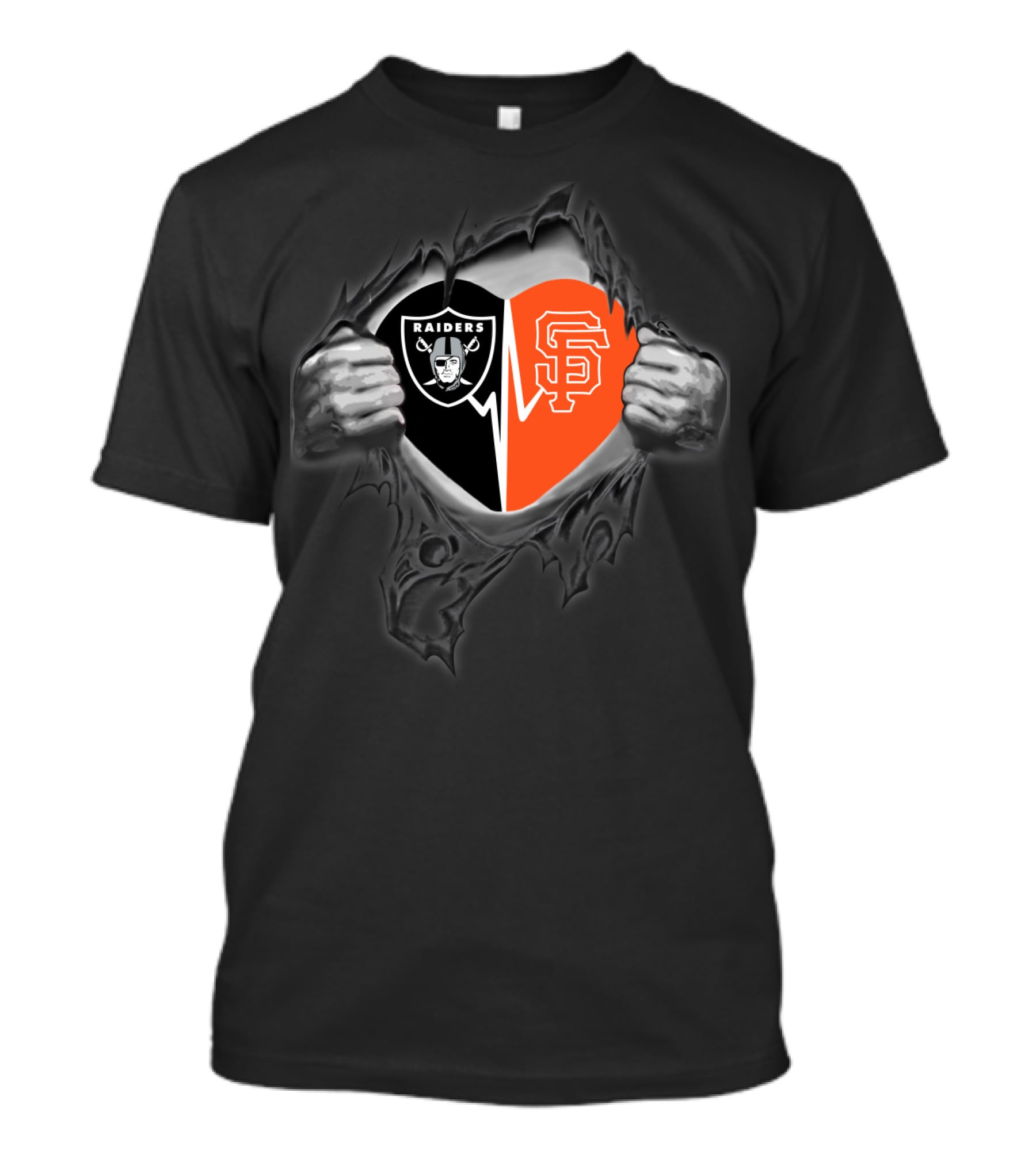 Raiders And San Francisco Giants Heart Symbol Hands Pulling T-Shirt