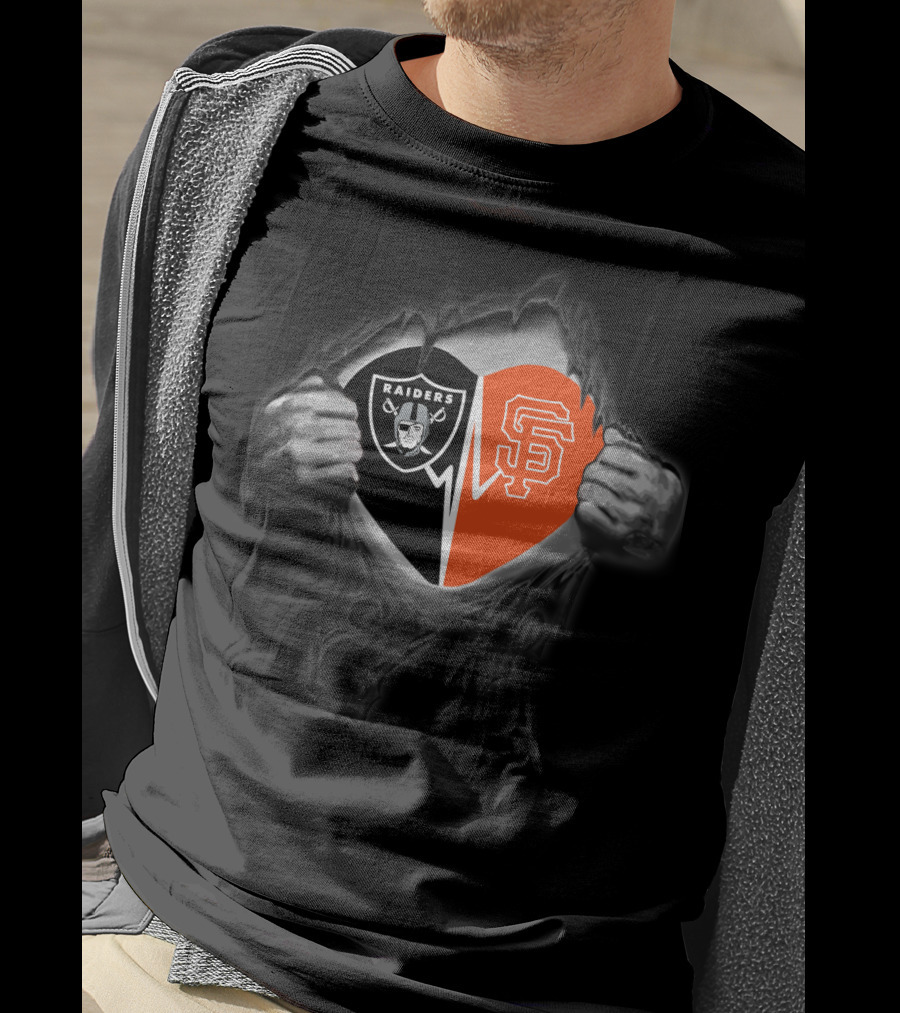 Raiders And San Francisco Giants Heart Symbol Hands Pulling T-Shirt