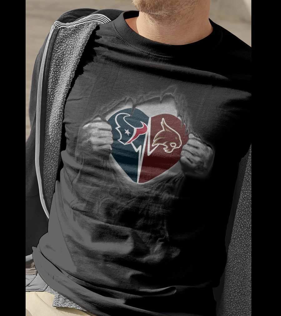 Texans Heart Revealing Texas State Bobcats Split T-Shirt