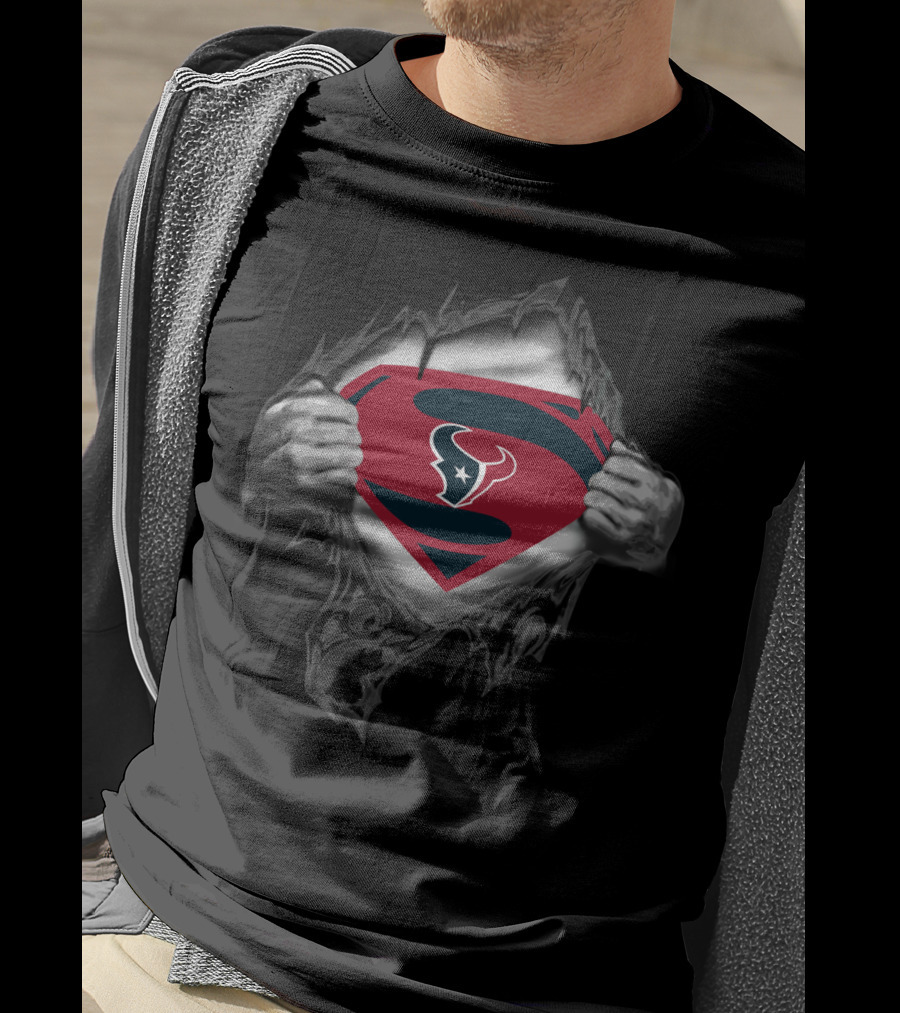 Superman Houston Texans Logo Hidden Beneath Ripped Chest T-Shirt