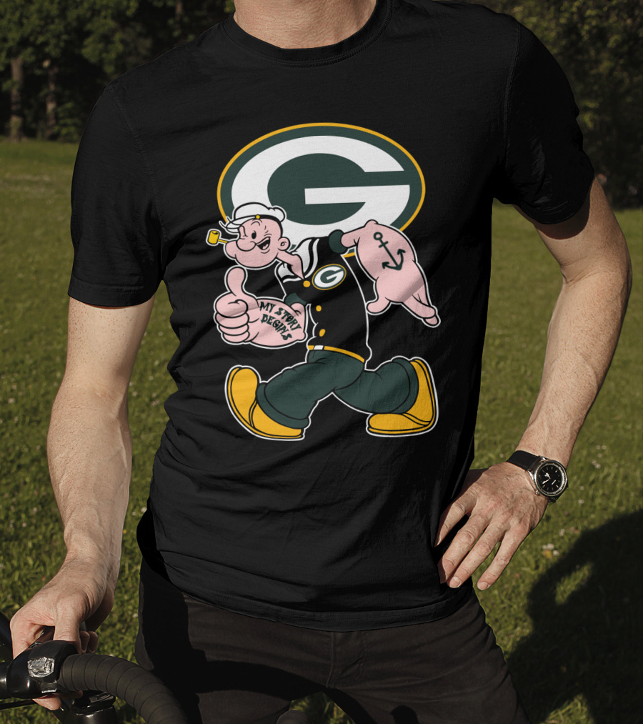 Popeye My Story Begins Green Bay Packers G Logo Anchor Tattoo T-Shirt