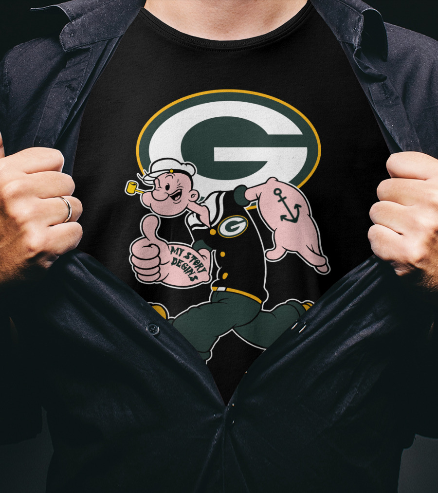 Popeye My Story Begins Green Bay Packers G Logo Anchor Tattoo T-Shirt