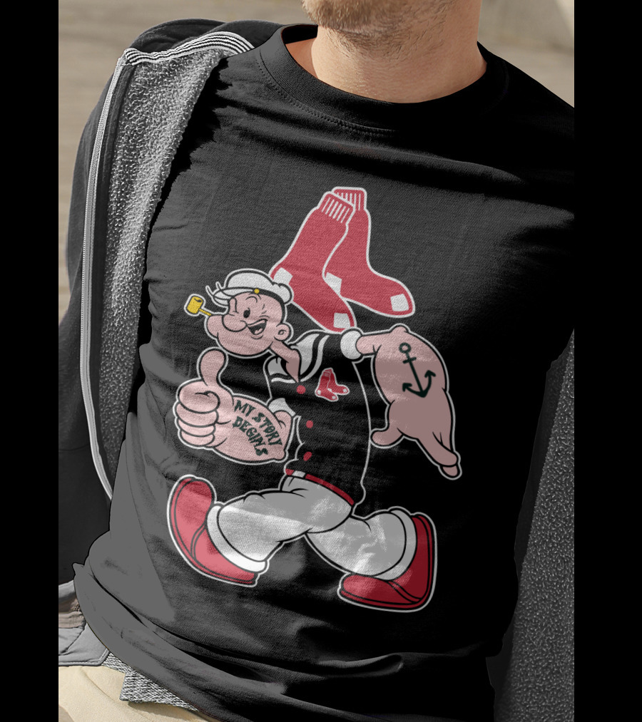 Popeye Thumbs Up Boston Red Sox Double Socks Anchor Tattoo Black T-Shirt