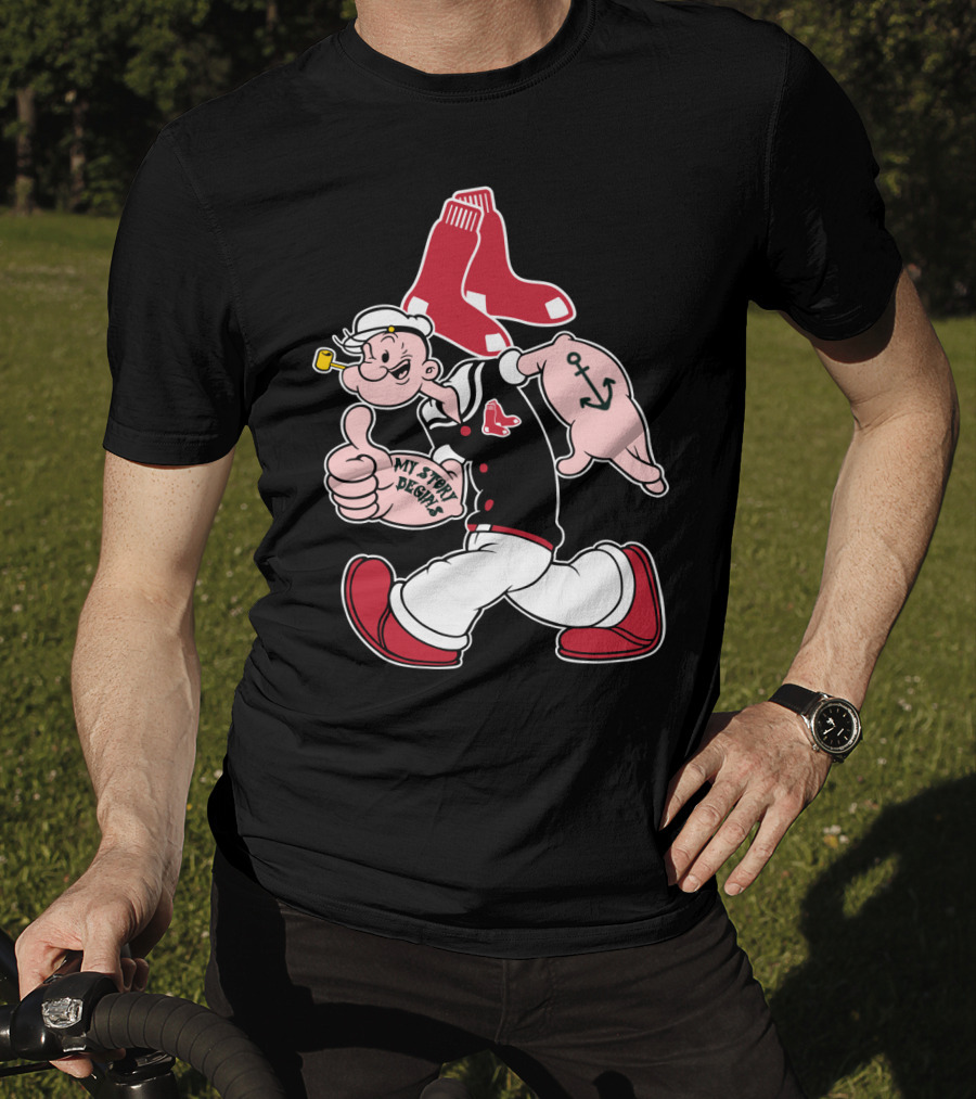 Popeye Thumbs Up Boston Red Sox Double Socks Anchor Tattoo Black T-Shirt