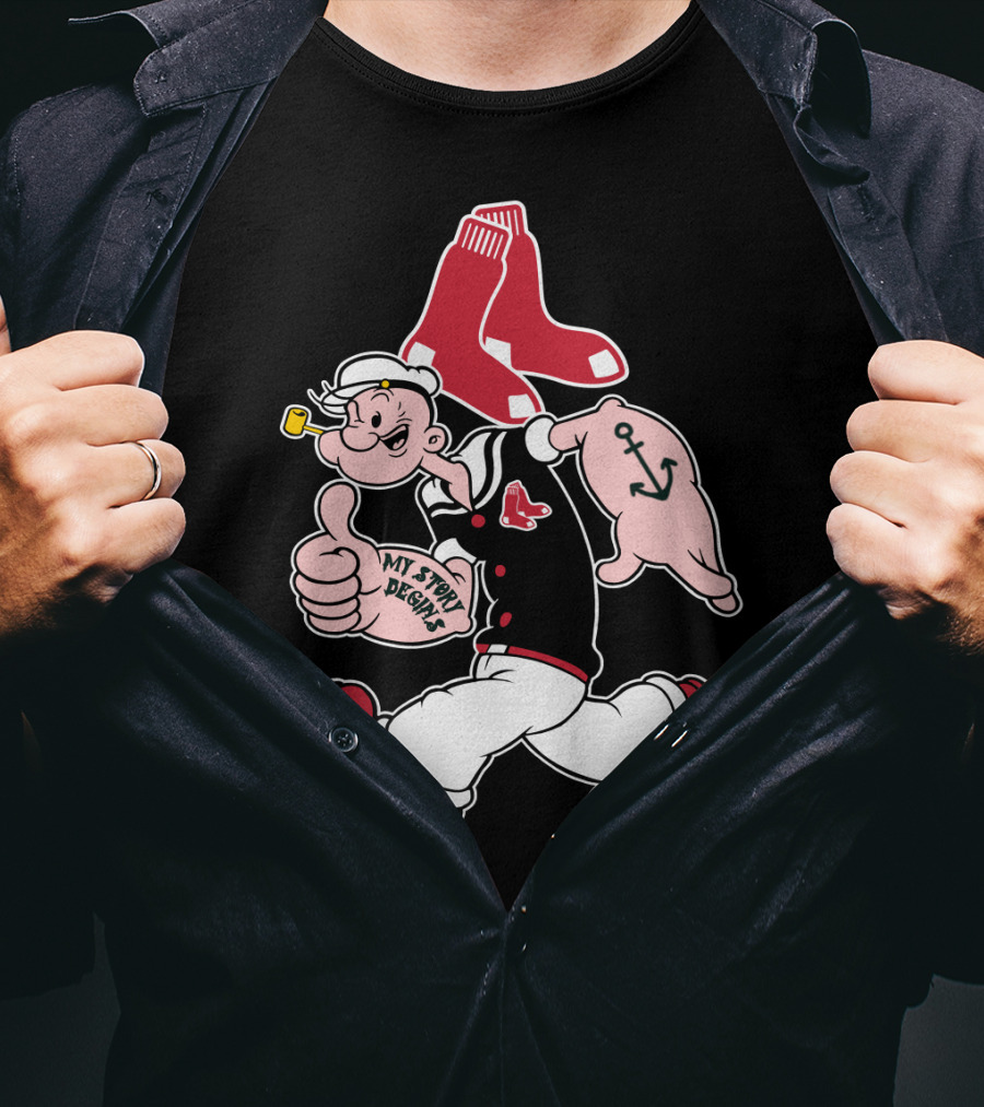 Popeye Thumbs Up Boston Red Sox Double Socks Anchor Tattoo Black T-Shirt