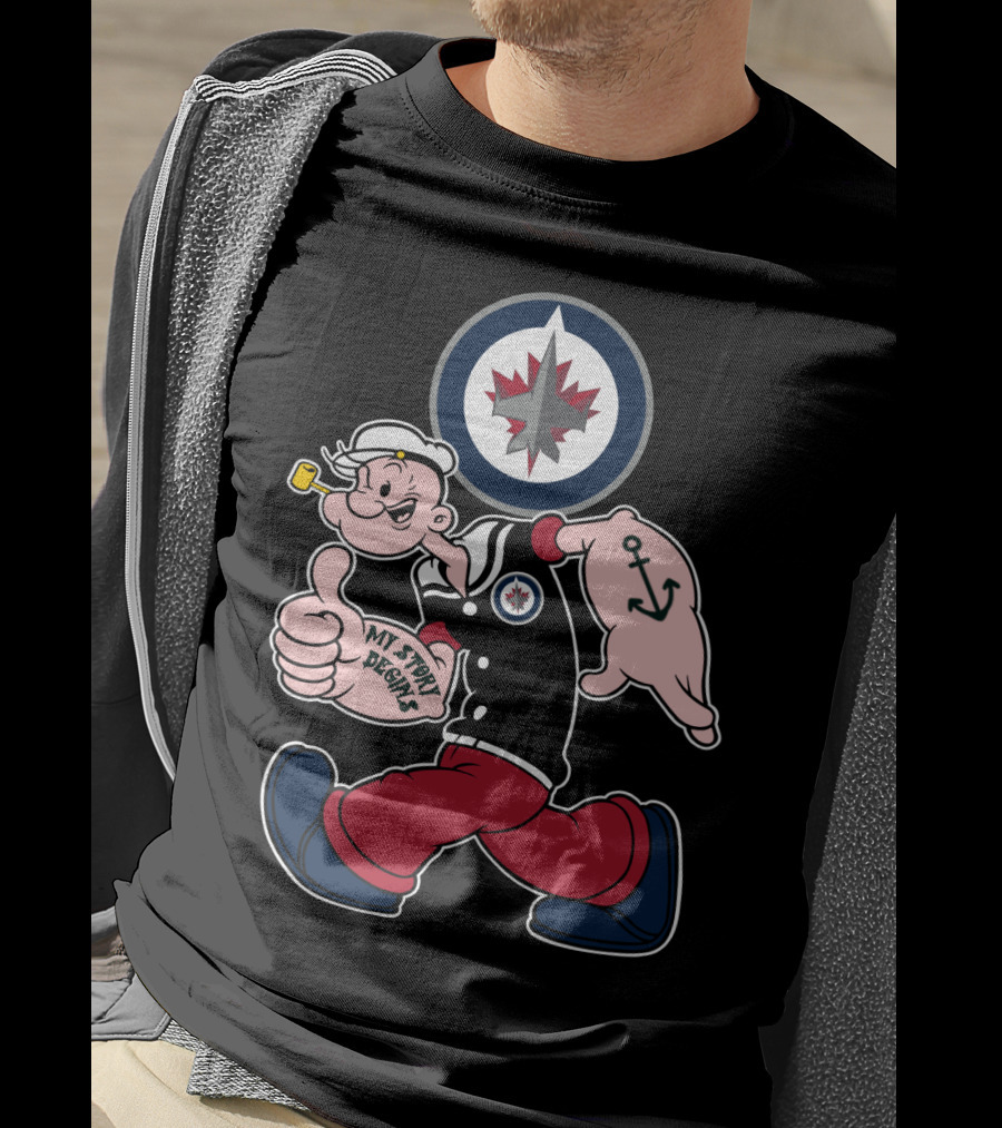 Winnipeg Jets Navy Popeye Walking With Thumbs Up And Anchor Tattoo T-Shirt