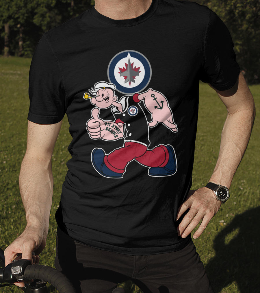 Winnipeg Jets Navy Popeye Walking With Thumbs Up And Anchor Tattoo T-Shirt