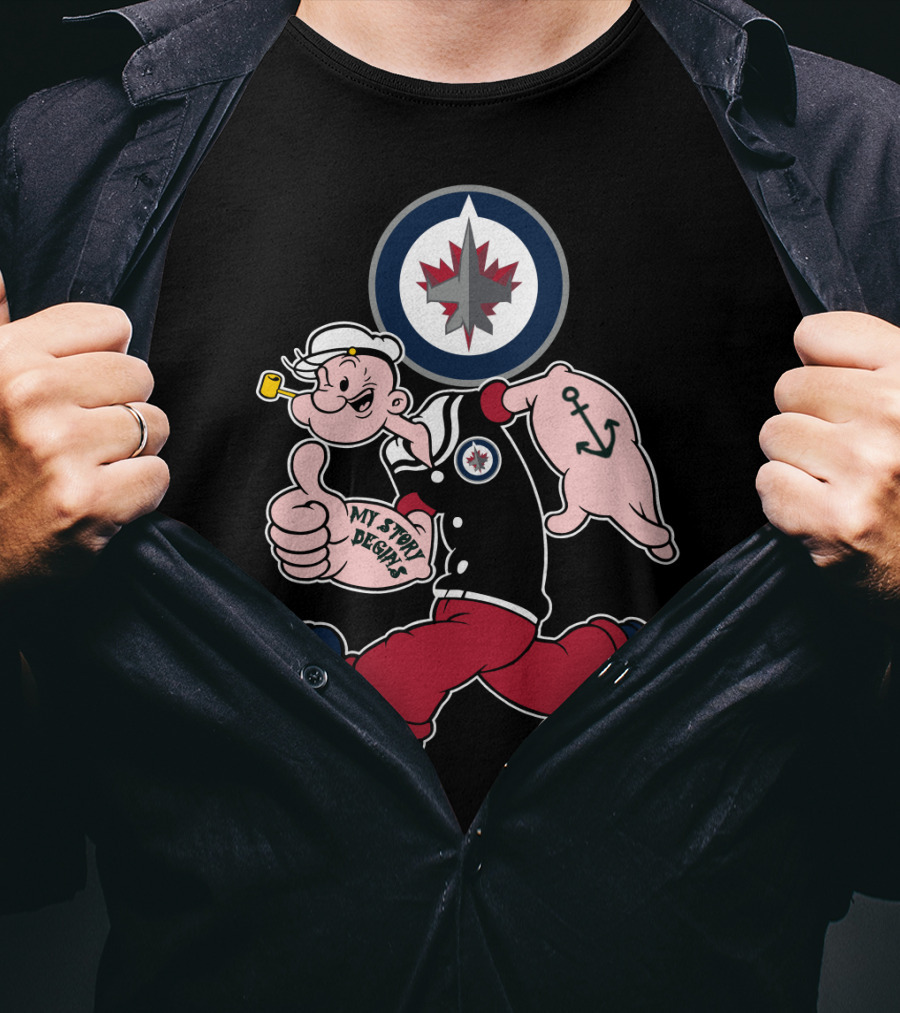Winnipeg Jets Navy Popeye Walking With Thumbs Up And Anchor Tattoo T-Shirt