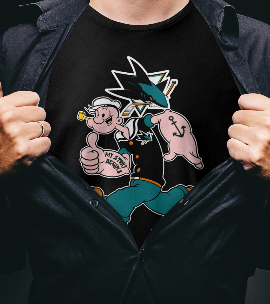 San Jose Sharks Popeye My Story Design Anchor Tattoo T-Shirt