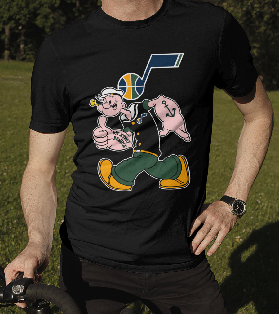 Popeye Walking With Thumb Up And Utah Jazz Basketball T-Shirt