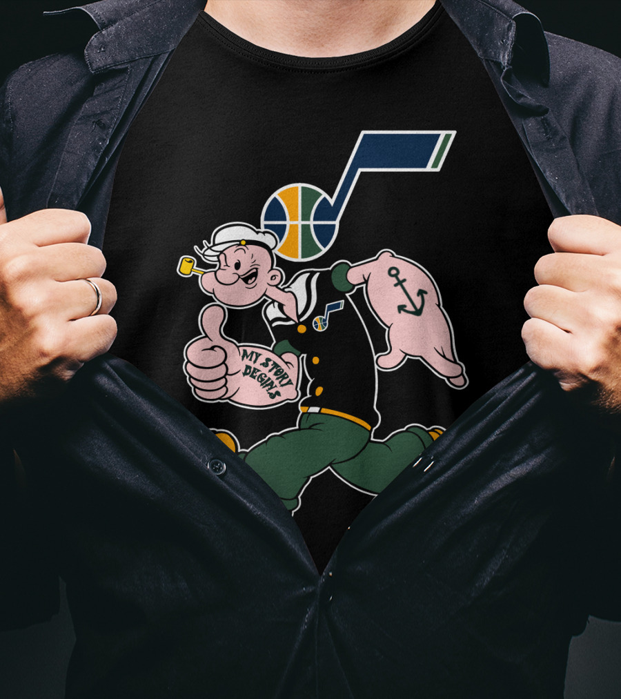 Popeye Walking With Thumb Up And Utah Jazz Basketball T-Shirt