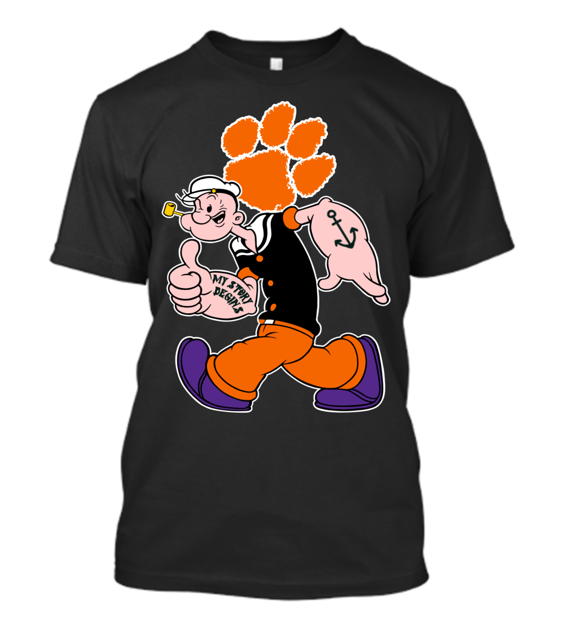 Clemson Tigers My Story Begins Anchor Imagery Running Popeye With Paw Print T-Shirt