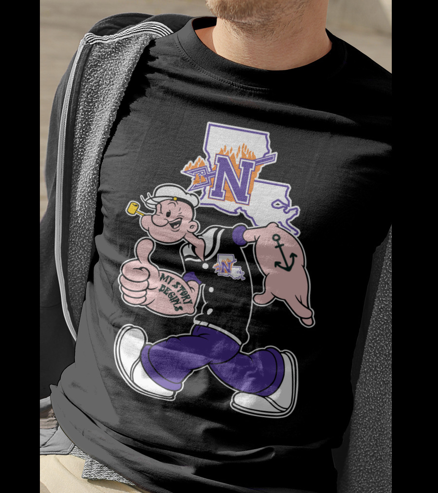 Northwestern State Demons Popeye Graphic With Louisiana State Outline T-Shirt