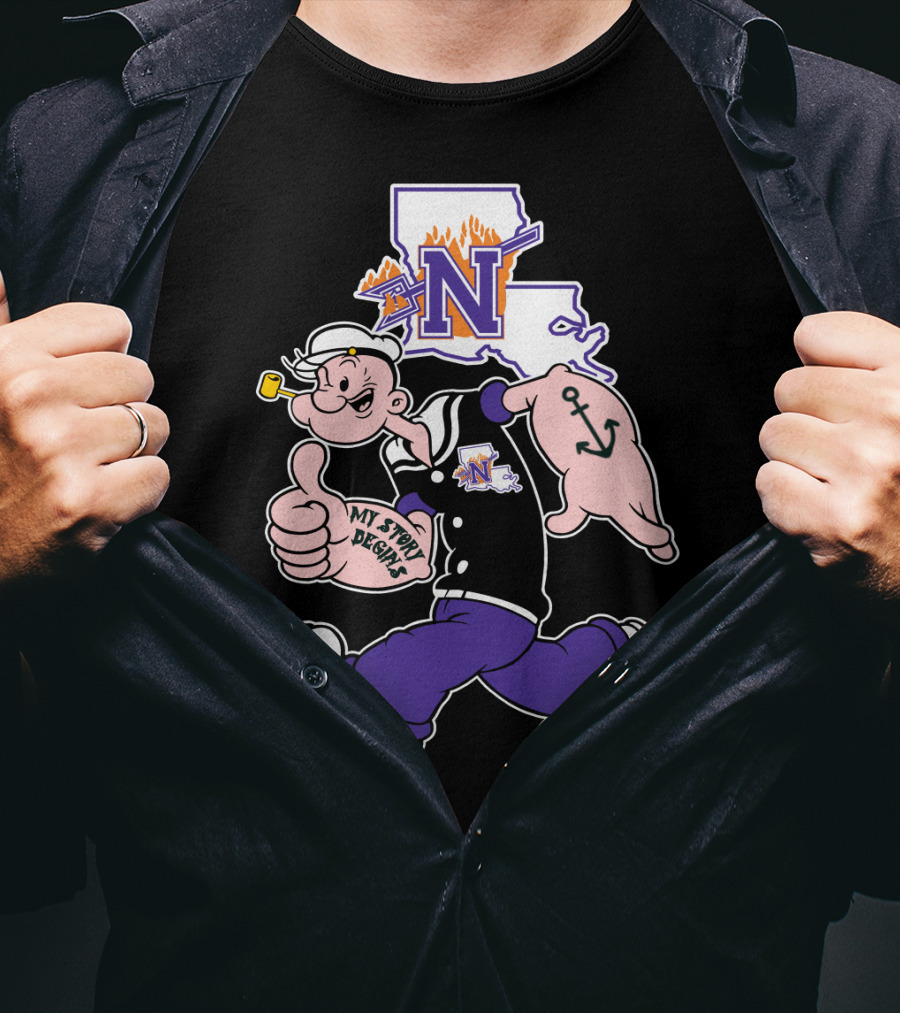 Northwestern State Demons Popeye Graphic With Louisiana State Outline T-Shirt
