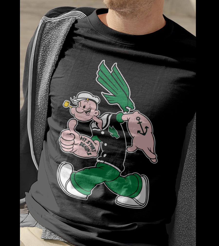 North Texas Mean Green My Story Designs Popeye Sailor Cartoon Anchor Pipe T-Shirt