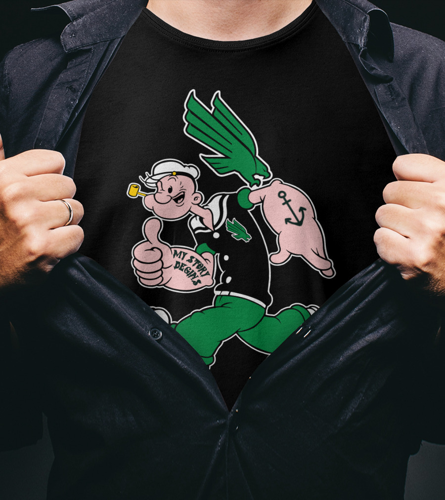 North Texas Mean Green My Story Designs Popeye Sailor Cartoon Anchor Pipe T-Shirt
