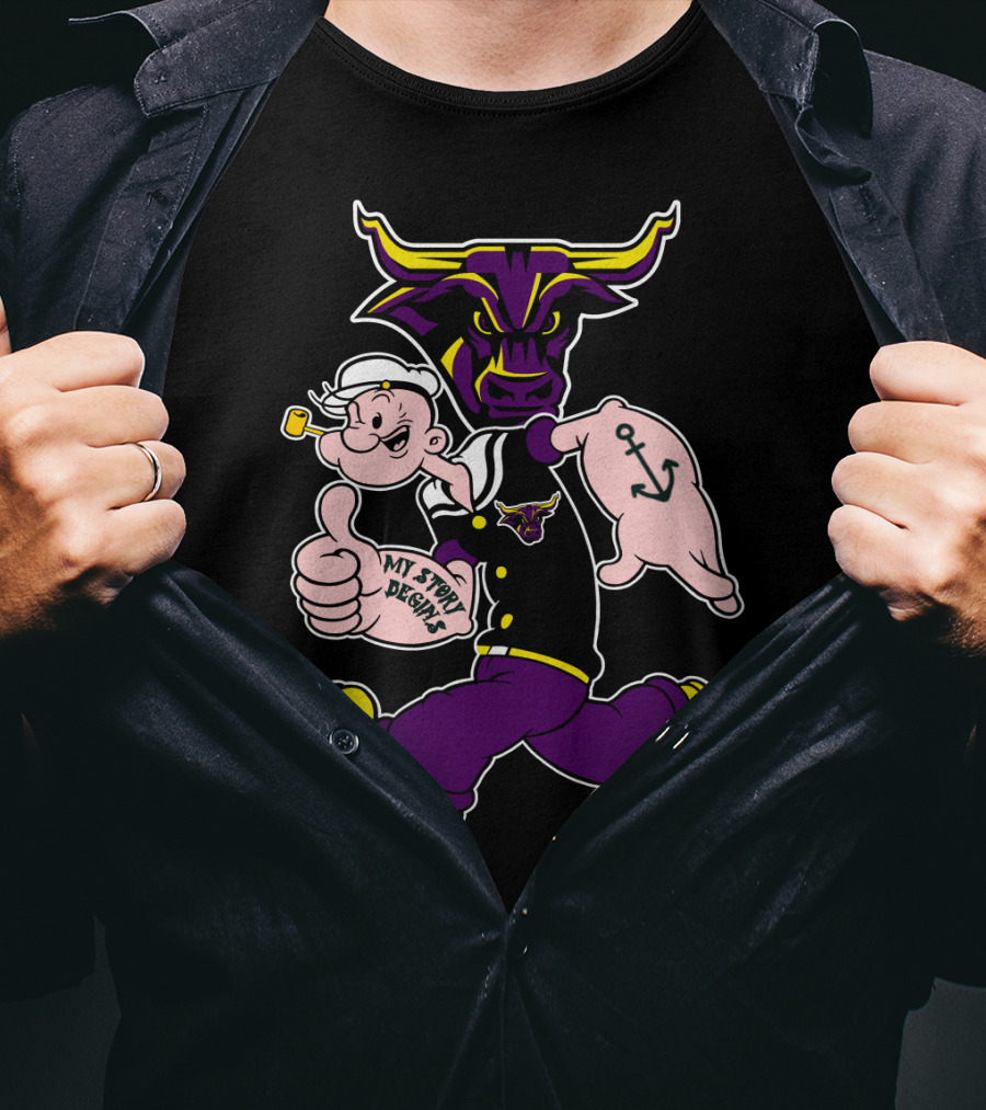 Mavericks My Story Begins Minnesota State 338 Popeye Sailor Tattoo Bull T-Shirt