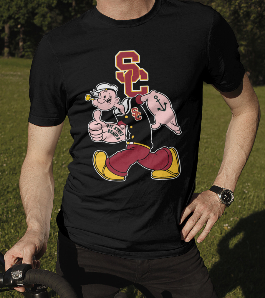 Usc Trojans Sc Logo With Sailor Cartoon And Anchor Tattoo T-Shirt