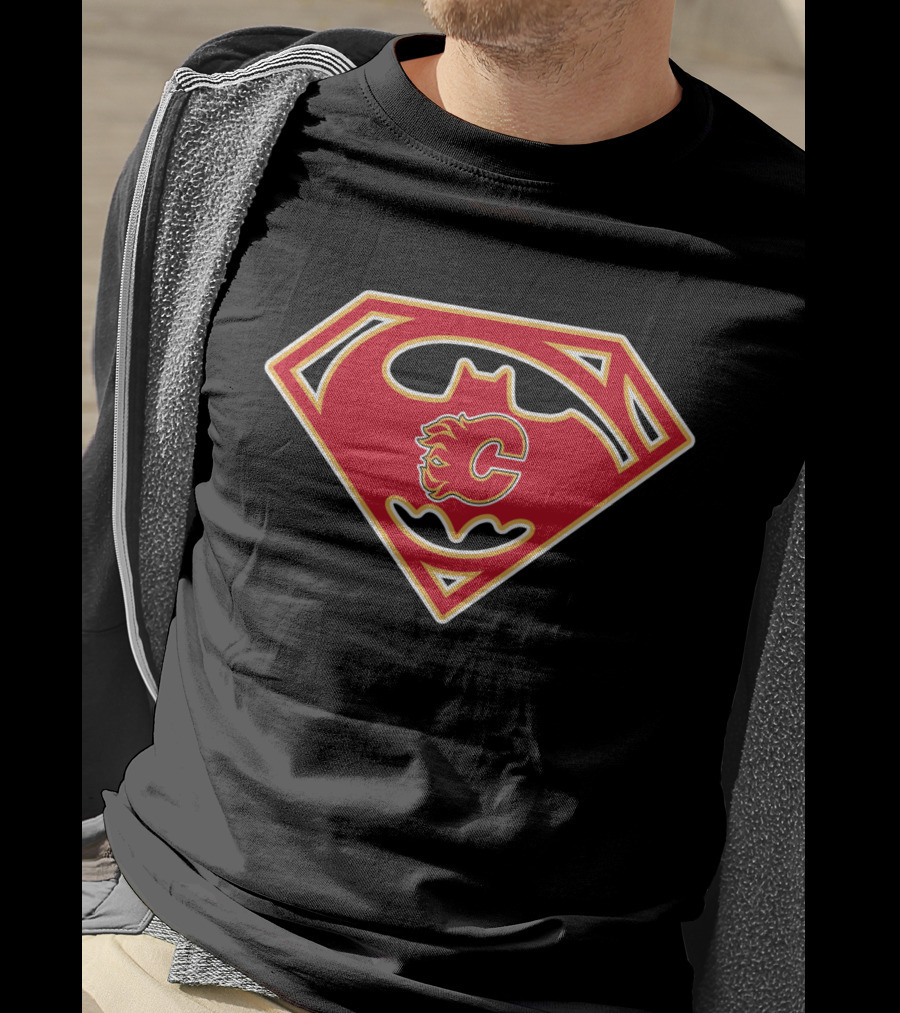Calgary Flames Logo Combined With Superman Batman Symbol T-Shirt