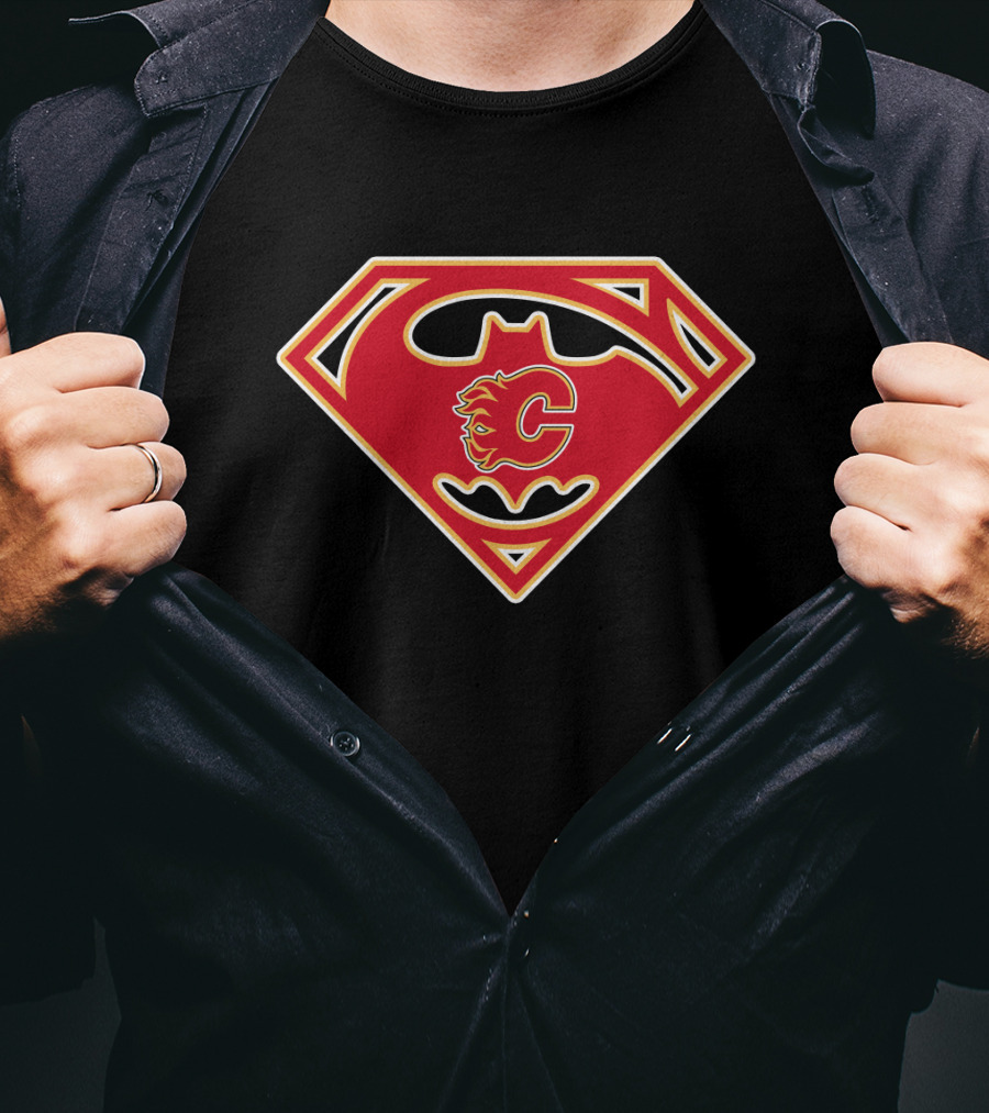 Calgary Flames Logo Combined With Superman Batman Symbol T-Shirt