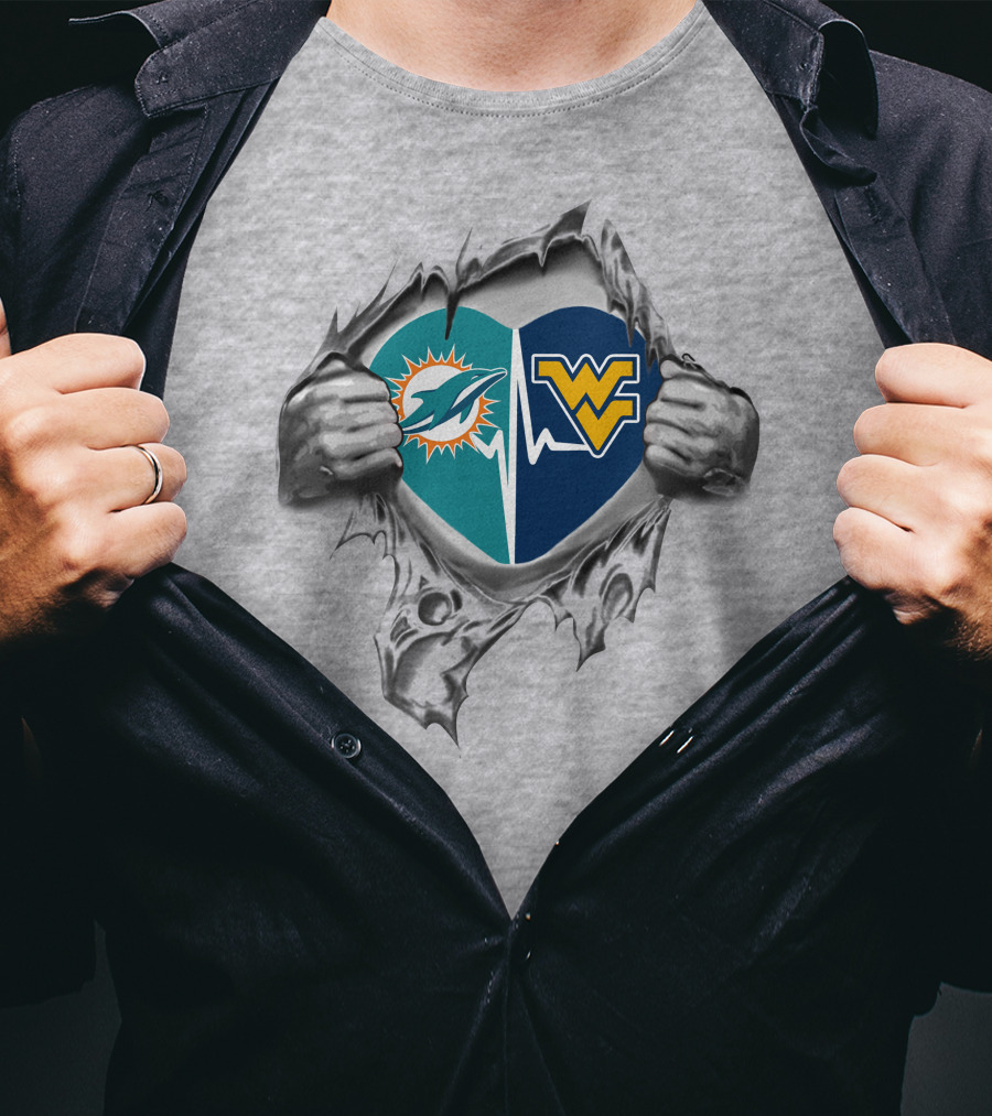Dolphins West Virginia Mountaineers Heart Torn T-Shirt