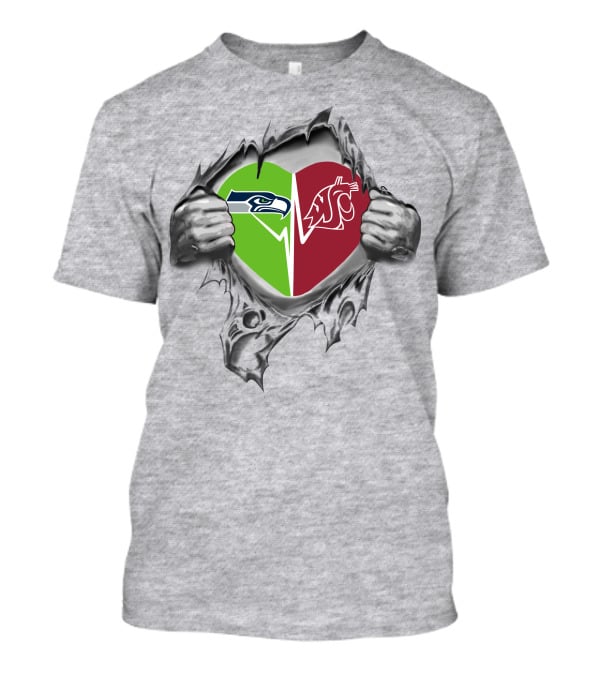 Seahawks Washington State Cougars Heart Logo Design Inside Ripped Shirt With Team Logos T-Shirt