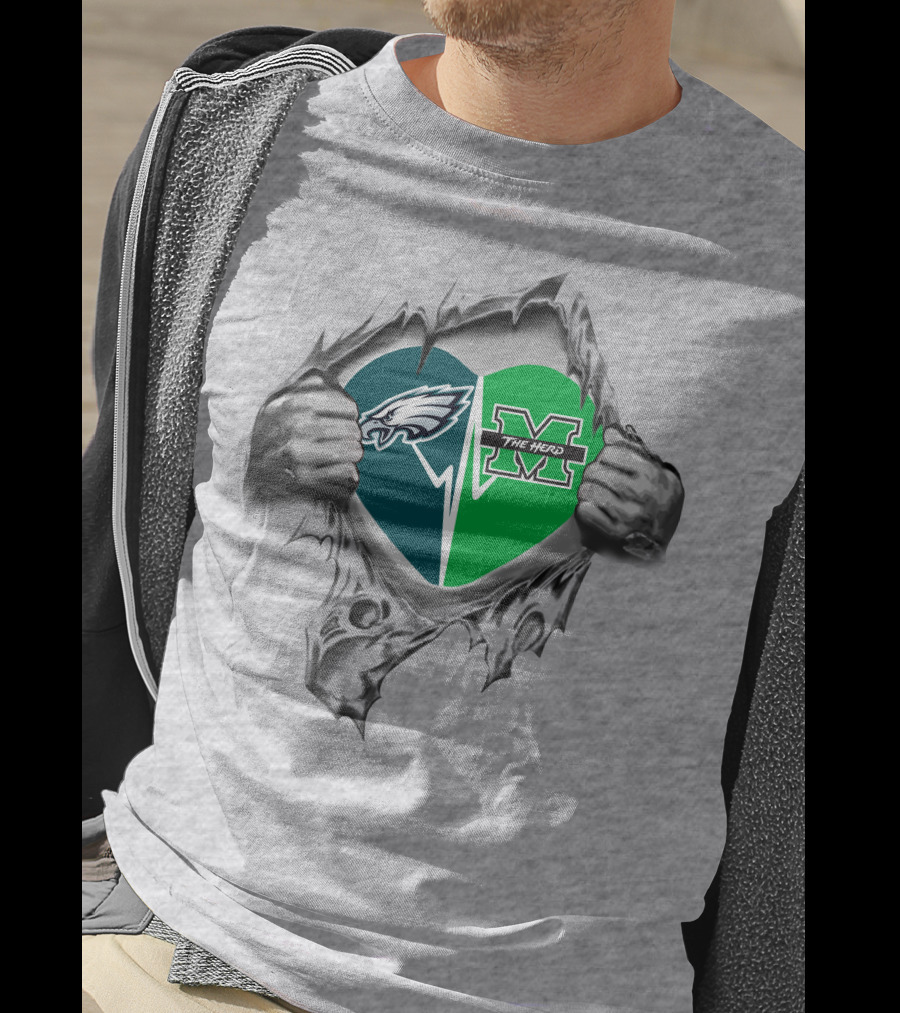 Eagles Marshall Thundering Herd Heart Logo Burst T-Shirt