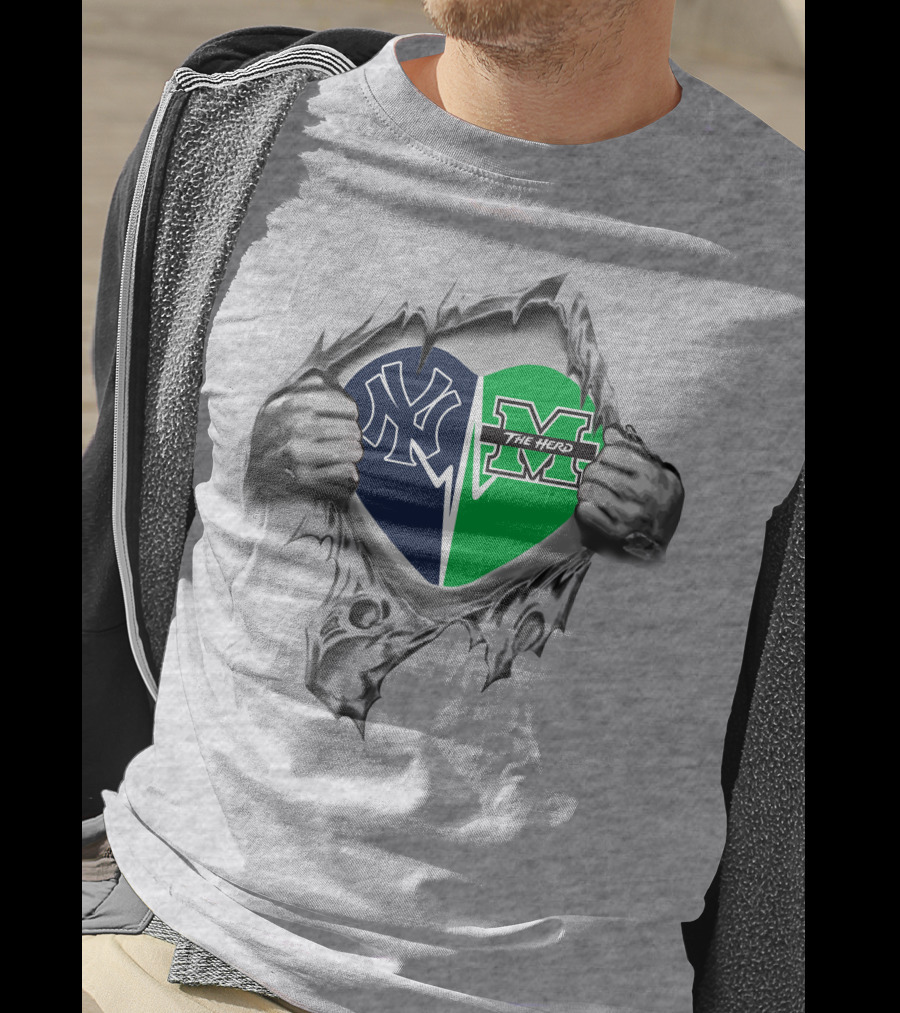 Yankees Marshall Thundering Herd Heart Torn Open T-Shirt