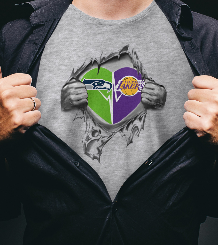 Seahawks Lakers Heart With Logos In Torn T-Shirt