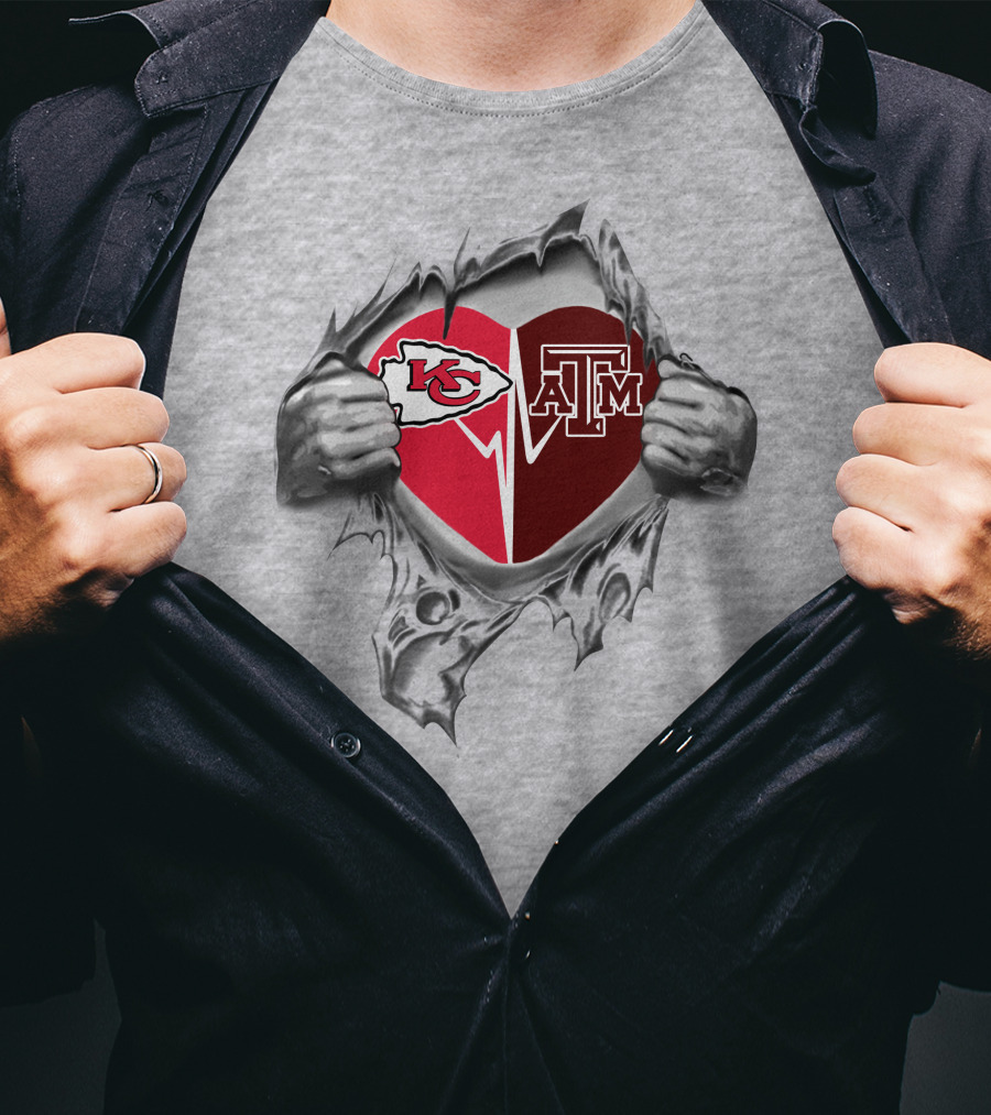 Kansas City Chiefs And Texas A&M Heart Logo With Ripped T-Shirt