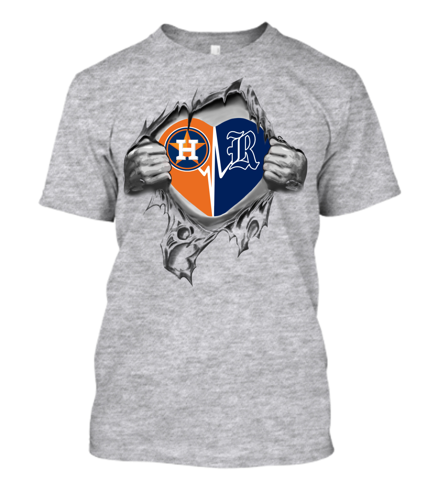 Astros Rice Owls Heartbeat Fusion With Torn Silver Grayscale Hands T-Shirt