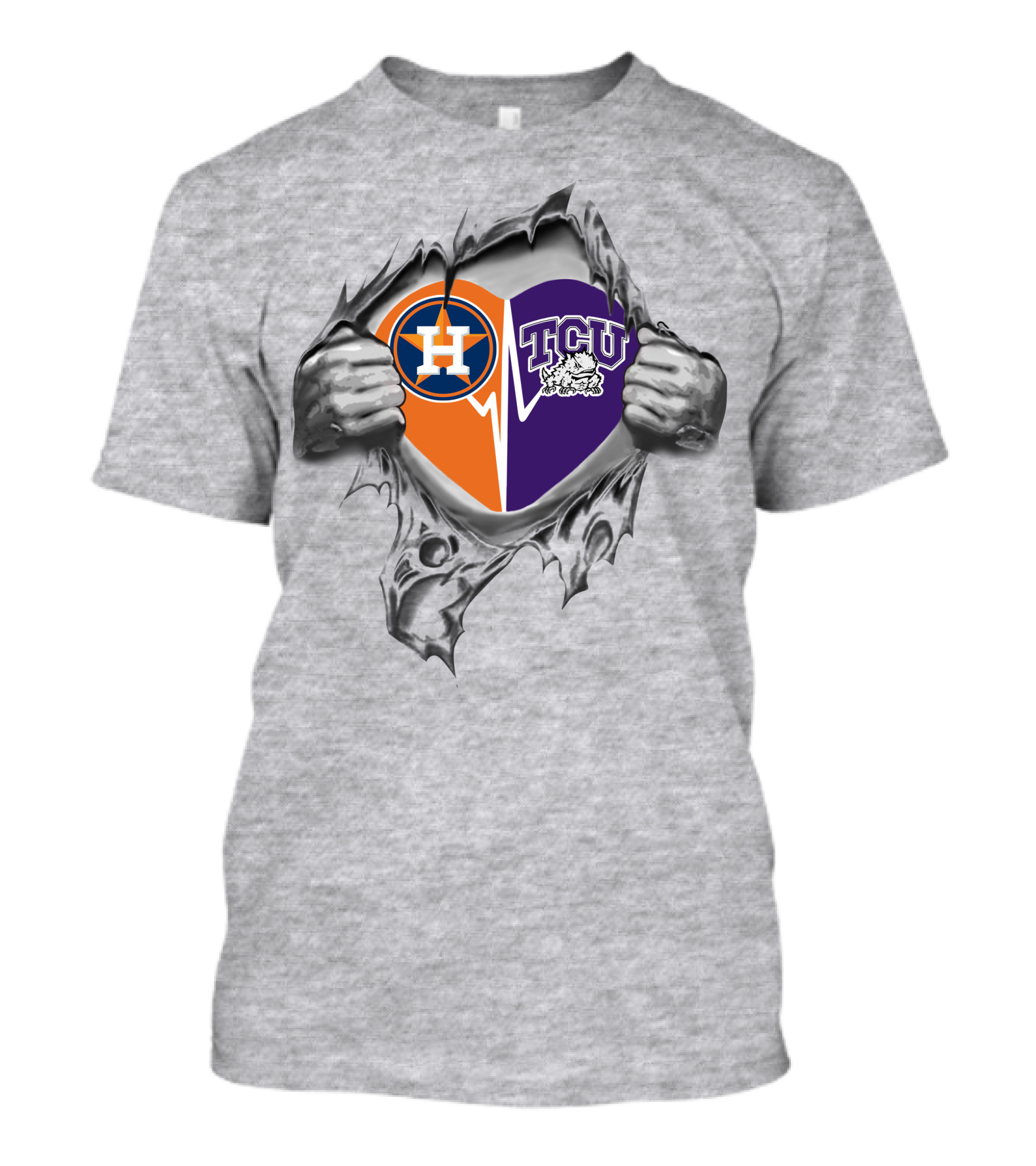 Astros Tcu Heart Rip Design With Houston Logo And Horned Frog T-Shirt