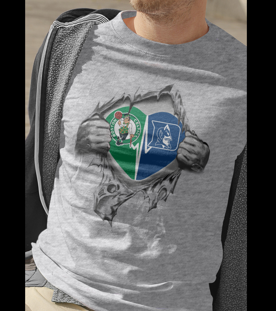 Boston Celtics And Duke Blue Devils Heart Ripped T-Shirt