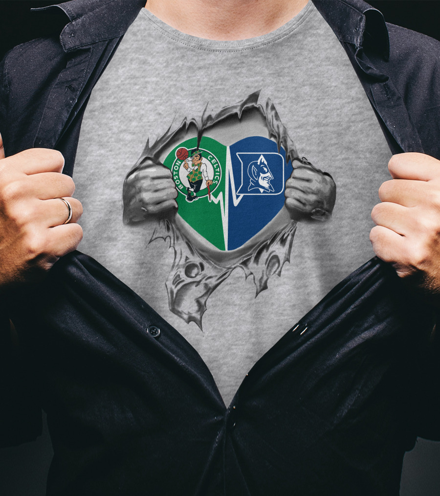 Boston Celtics And Duke Blue Devils Heart Ripped T-Shirt