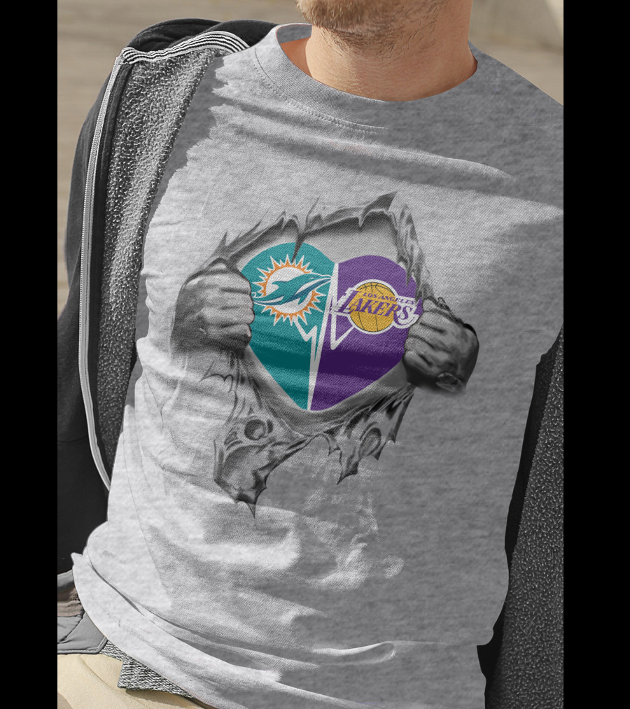Dolphins Lakers Heart Torn Silver Hands T-Shirt