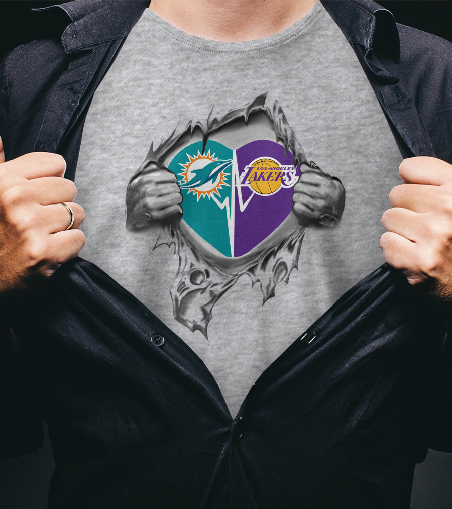 Dolphins Lakers Heart Torn Silver Hands T-Shirt