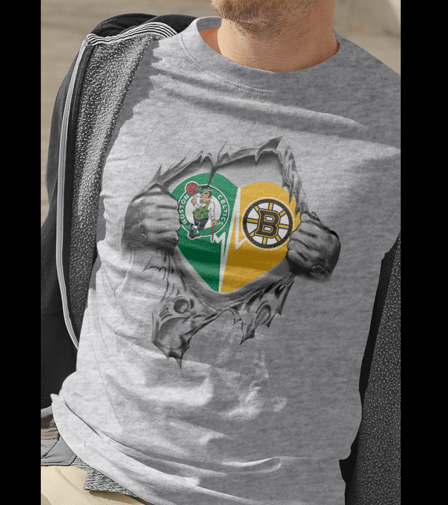 Boston Celtics Bruins Heart Inside Featuring Logos And Heartbeat T-Shirt