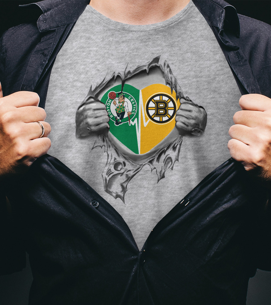 Boston Celtics Bruins Heart Inside Featuring Logos And Heartbeat T-Shirt