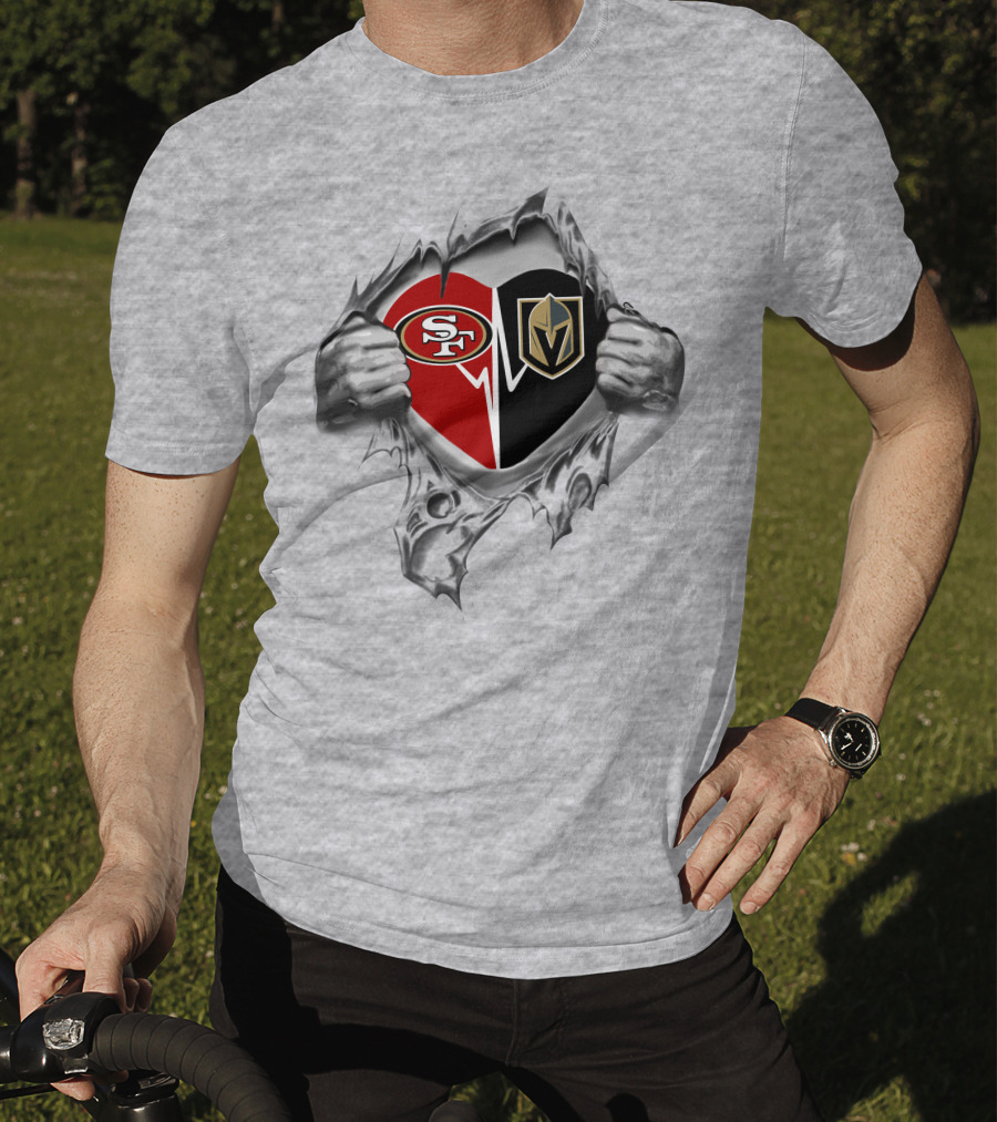 San Francisco 49ers And Vegas Golden Knights Heart Torn Open T-Shirt