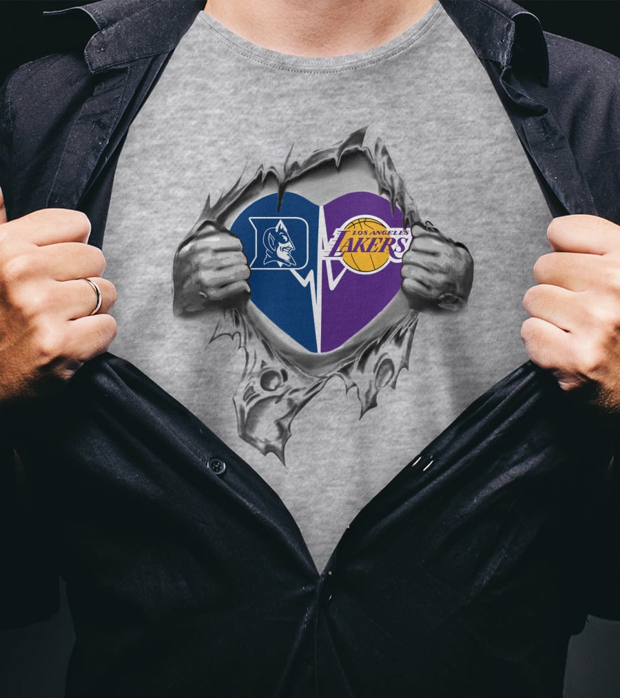 Lakers Duke Heart With Blue Devil And Los Angeles Basketball T-Shirt