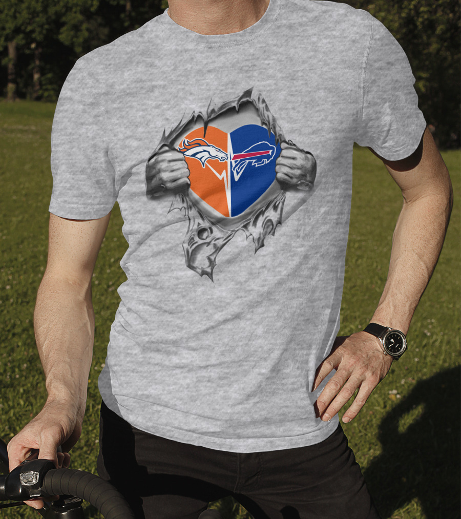 Broncos Bills Heart Logo Torn Fabric T-Shirt