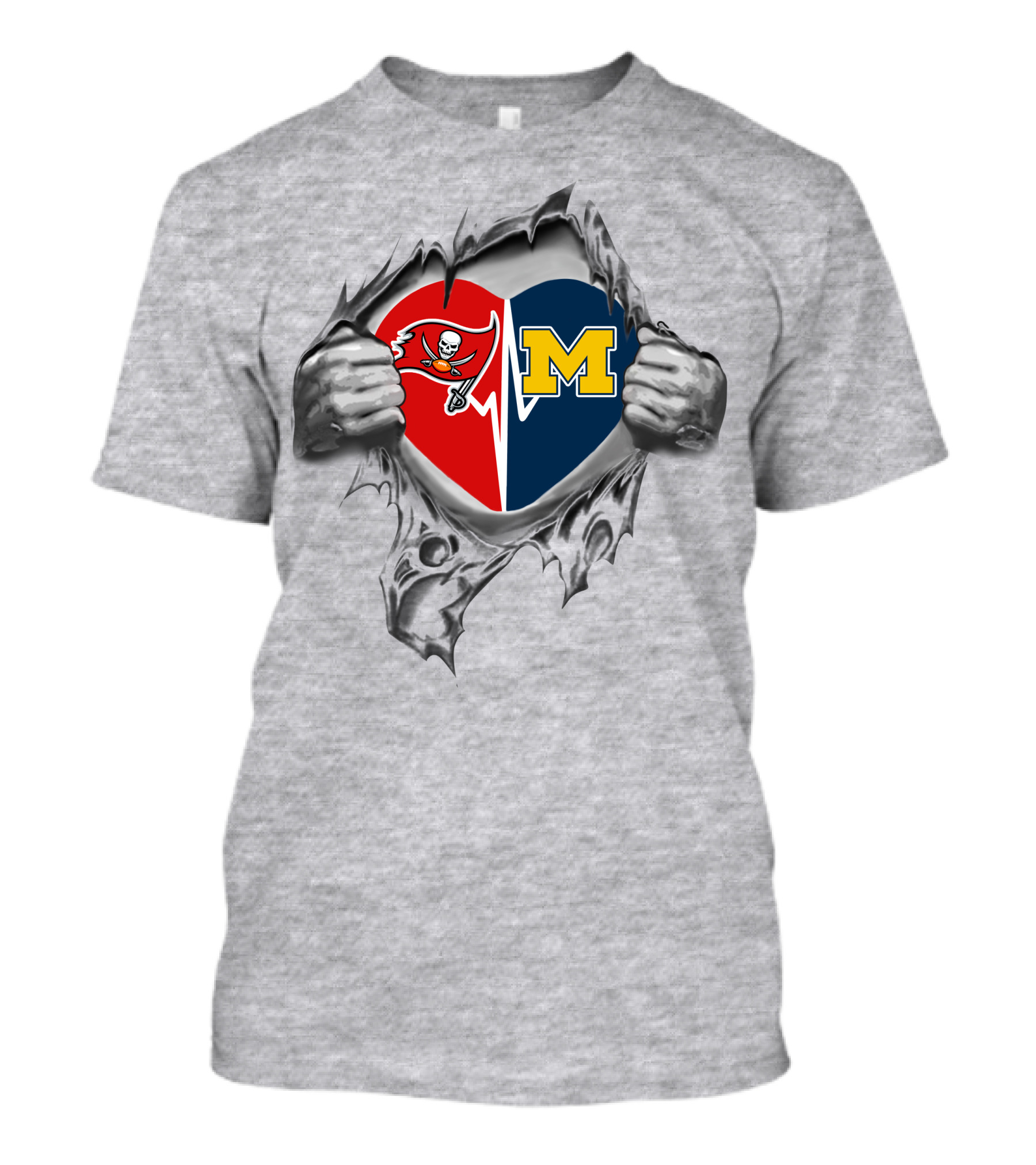 Buccaneers Michigan Wolverines Heart Shaped Logo Mashup Peeking Through Chest T-Shirt