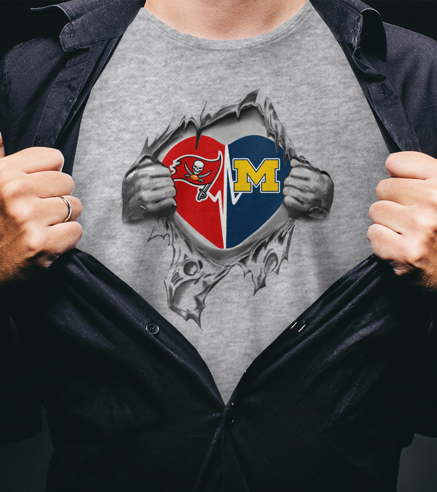 Buccaneers Michigan Wolverines Heart Shaped Logo Mashup Peeking Through Chest T-Shirt