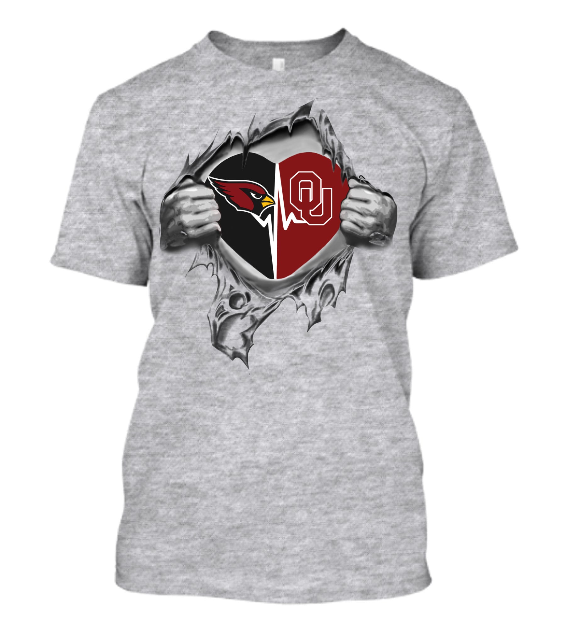 Cardinals Sooners Heart With Split Logo And Tear T-Shirt