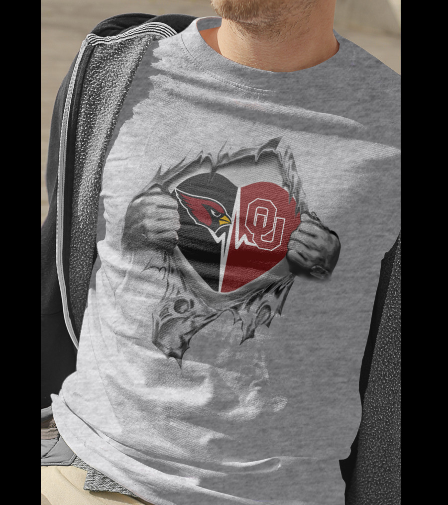 Cardinals Sooners Heart With Split Logo And Tear T-Shirt