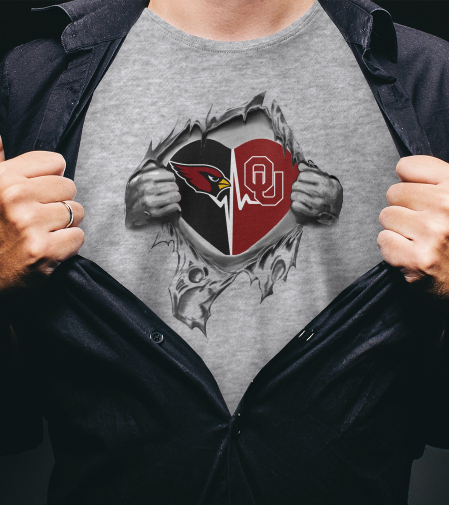 Cardinals Sooners Heart With Split Logo And Tear T-Shirt