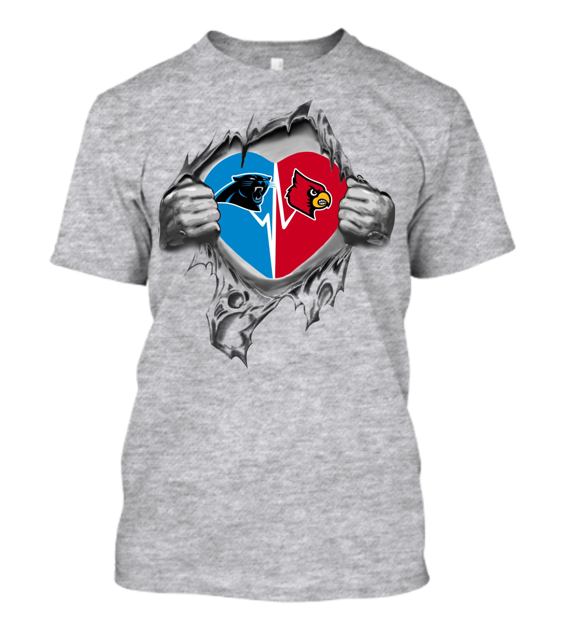 Panthers Louisville Cardinals Heart Symbol Split Blue Red T-Shirt