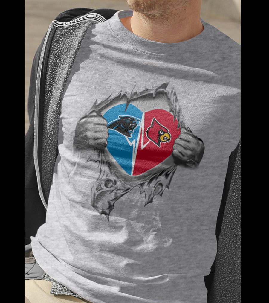 Panthers Louisville Cardinals Heart Symbol Split Blue Red T-Shirt