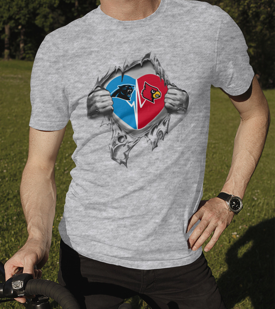 Panthers Louisville Cardinals Heart Symbol Split Blue Red T-Shirt